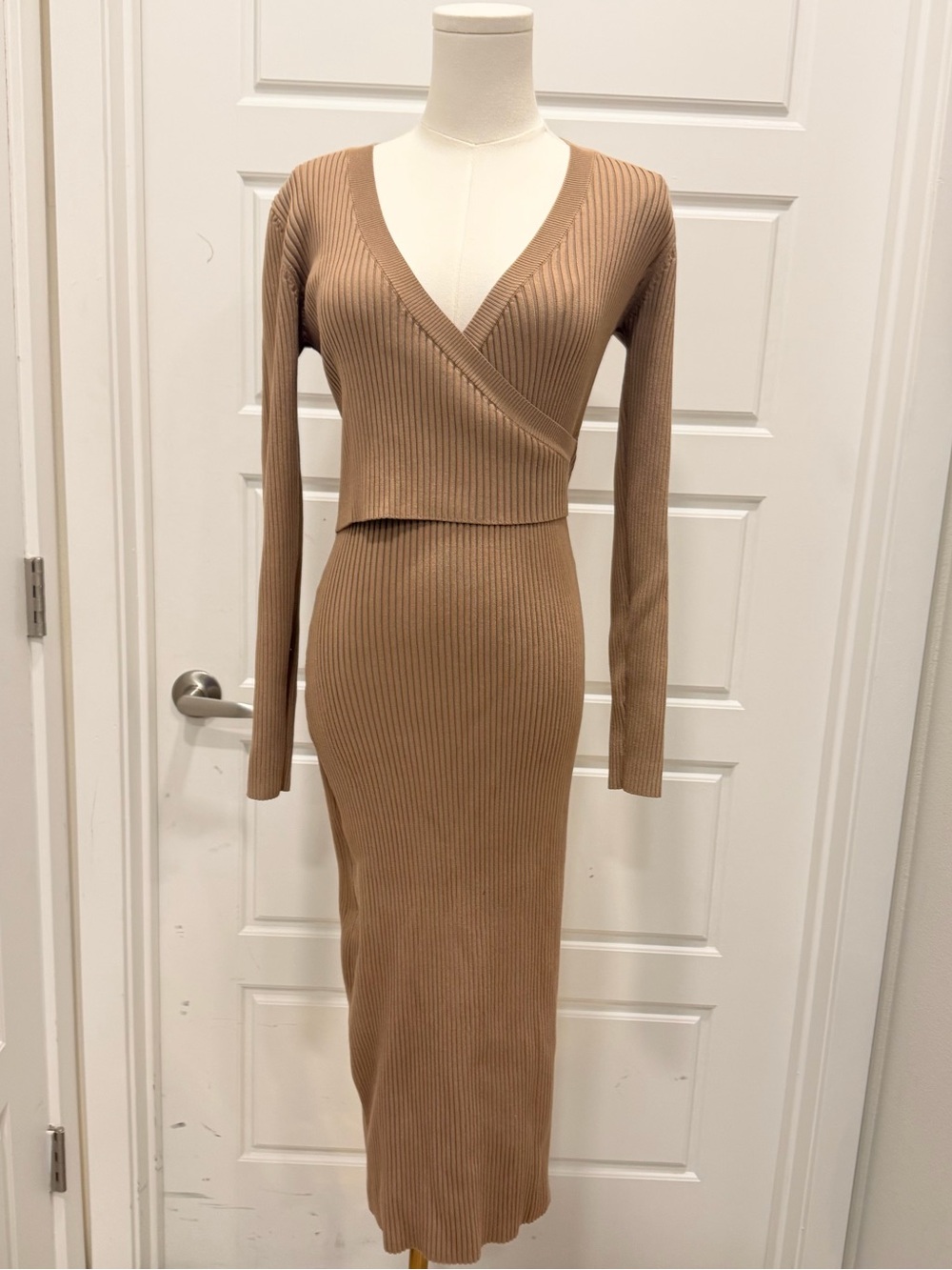 Astr Ribbed Wrap Midi Dress in Camel Brown